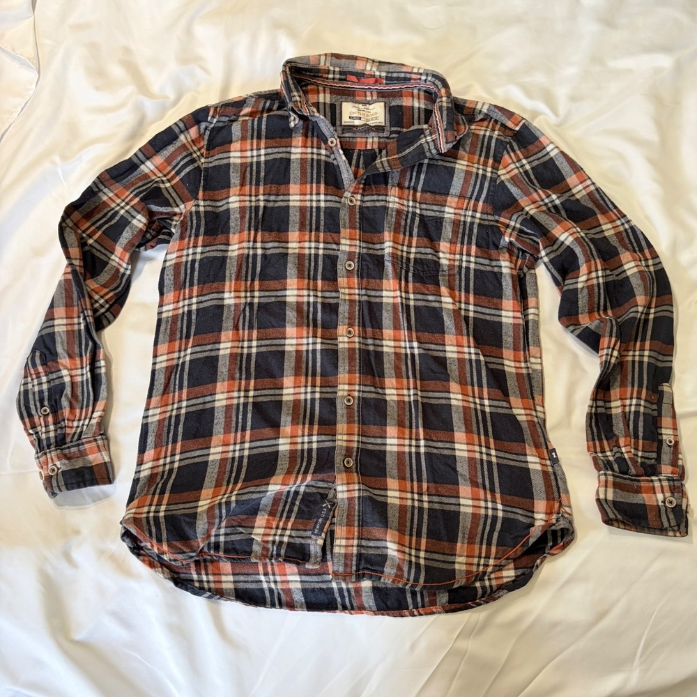 On The Road Mens Slim Fit Plaid Flannel Shirt Navy Orange White Size M fall